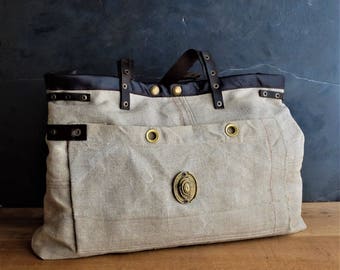 Grain sack bag, antique grain sack oiled cowhide leather