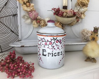 Antique storage jar "Epices", enamel, shabby