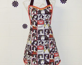 Wonder Woman / Wonder Woman Apron / Marvel Comic Strip Print in shades of grey, black & red / Party Hostess Gift / Christmas Gift #B89