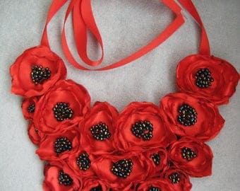 Red Rosette Necklace Fabric Necklace Rosette Jewelry Bib Necklace Wearable Art Statement Jewelry Fabric Flower Necklace Unique Necklace