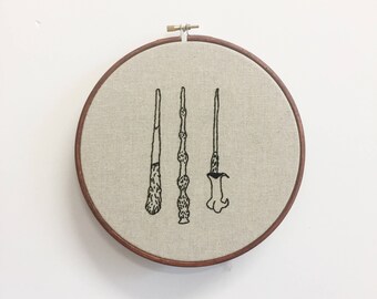 The Three Wands - Hand Embroidered Bespoke Wall Hanging, Embroidery Hoop Art