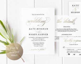Printable Wedding Invitation Template, Wedding Invitation Set, DIY Wedding Cards, Download, Modern Calligraphy, Faux Gold Wedding #SPP018wis