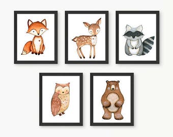 Woodland Animal Prints, Nursery Room Art, Forest Animals, Forest Nursery, Woodland Nursery Decor, Woodland Nursery Wall Art, Size 8x10 Set 5