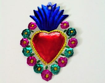 Tin Heart Plaque Handmade Mexican Tin Wall Ornament Mexican Folk Art Recycled Art Hammered