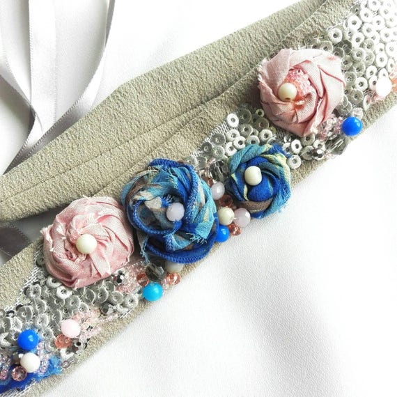 Beaded belt Blue and pink sash Bead embroidered sash Roses