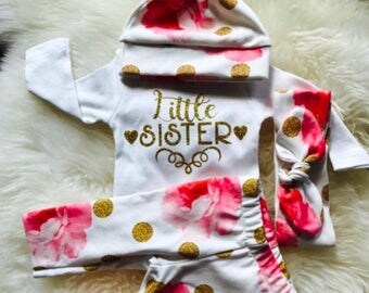 GET 20% OFF TODAY Newborn Girl coming home outfit,Little Sister,baby girl clothes, boho baby, baby clothes, baby girl,Pink floral and dot