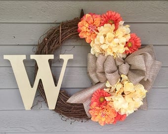 Fall Wreath Ideas - Monogram Fall Wreath for Front Door - Autumn Hydrangea Wreath - Fall Front Door Wreath - Initial Wreath for Front Door