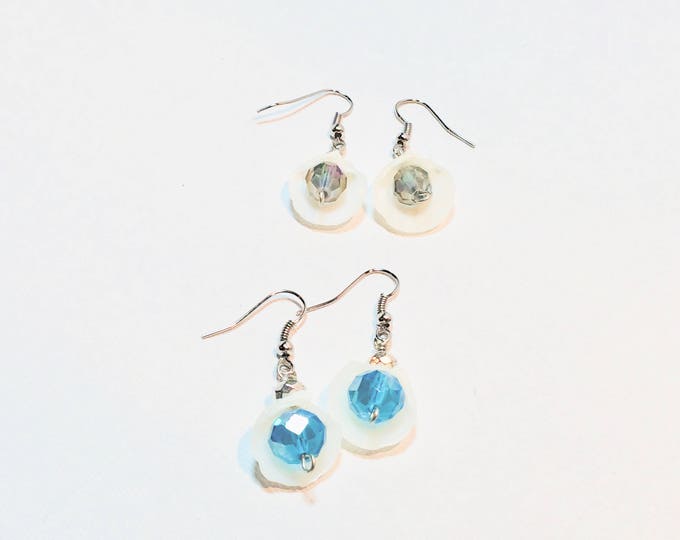 Two pair of cute real shell and bead earrings - blue and green - wire hooks