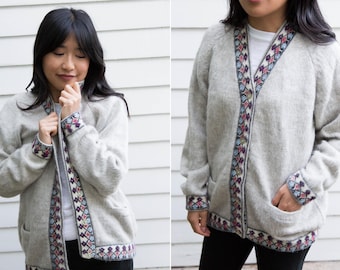 1970's Gray Wool Angora Blend Cardigan with Fair Isle Trim
