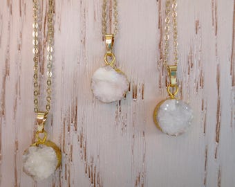 Round White Druzy Gold Necklace Stunning Natural Druzy Electroforming Round Fashion Pendant