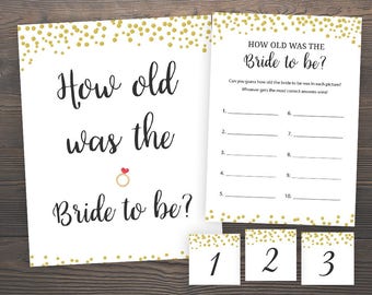 How old was the bride to be, Bridal Shower Games, Gold Bridal Shower, Gold Confetti, Guess the Bride's age, Bridal Games Printables, GCB3