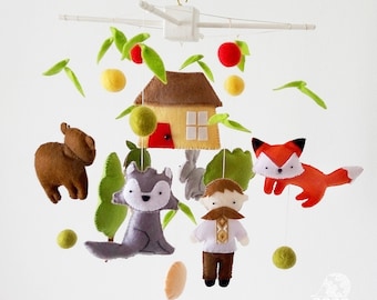 Baby Crib Felt Mobile with Animals and People - Bright Colors - Heirloom Quality - Ukrainian Tale Kolobok - Wool Balls - Colorful Nursery