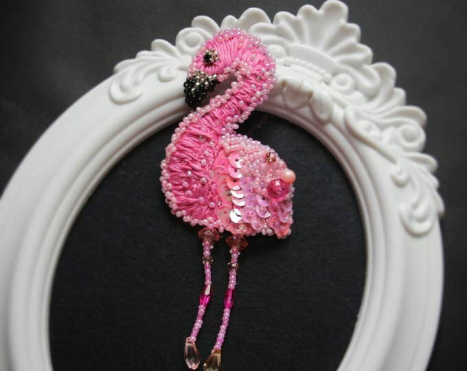 Brooch flamingo beads, brooch bird, handmade brooch. Embroidery Brooch Beaded. Flamingo Jewelry Flamingo Gift Brooch pink pin