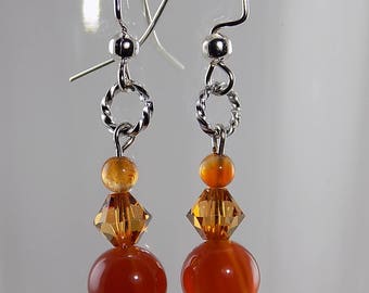 Carnelian stones,Swarovski Crystals,orange, semi precious,silver wire