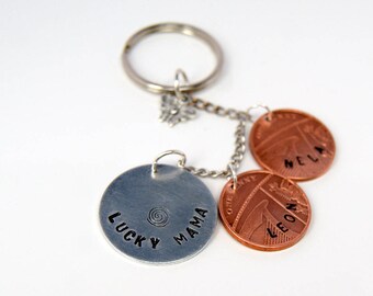 Personalised key ring, stamped lucky penny , personalised gift, hand stamped keyring, keychain custom, name keyring