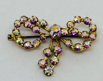 Crystal aurora borealis vintage 1940 bow brooch