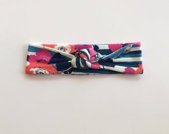 Floral and Navy Stripe Top Knot/knotted headband/baby headband/toddler headband/newborn headband/kids headband/adult headband