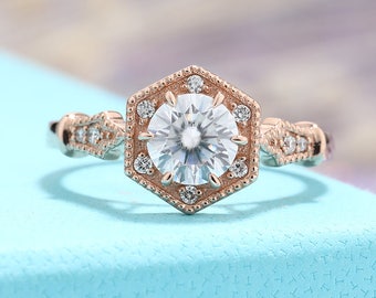 Antique Engagement Ring Vintage Engagement Ring brilliant Moissanite Unique Art deco diamond wedding Ring set Alternative rose gold women