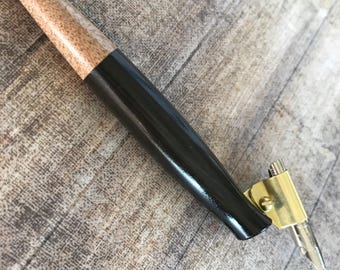 Handcrafted Macassar Ebony and Maple Oblique Pen Holder with Adjustable Brass Flange and Zebra G Nib