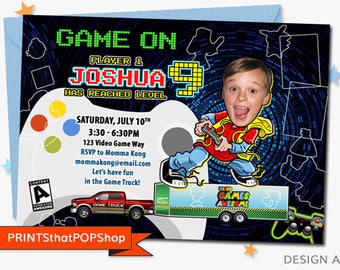 Video Game Party,Video Game Truck Invitation,Custom Face Invites,Video Birthday Party,Game Truck,Gaming,Video,Birthday Party,Gaming,Computer