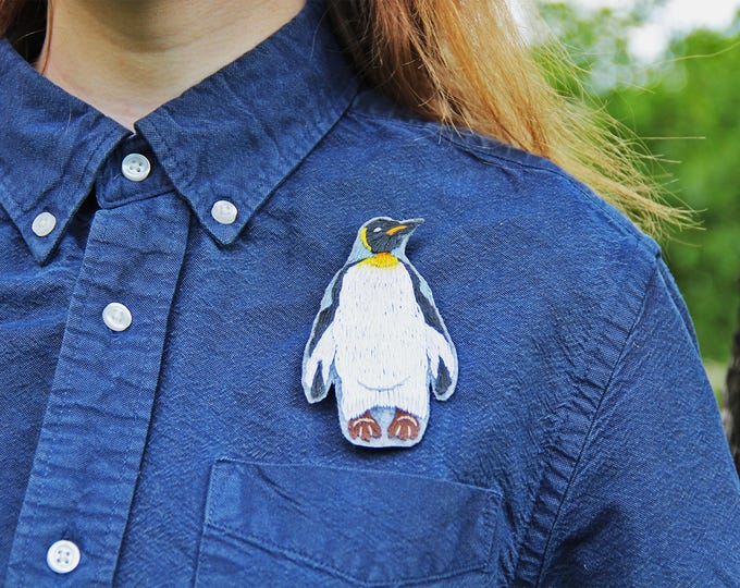 Hand embroidery Penguin brooch Embroidery pin Embroidered brooch Woodland jewelry pin Woodland brooch Nature inspired pin Nature brooch pin