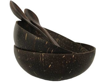Coconut Bowl with Wooden Spoon - Hand Made Reclaimed Coconut Water Shell Polished with Organic Virgin Coconut Oil - (Set of 2)