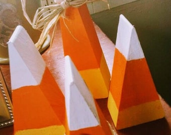 Four piece set candy corn Halloween wood decoration