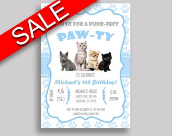 Cat Birthday Invitation Cat Birthday Party Invitation Cat Birthday Party Cat Invitation Boy kitty paw, cute kitten, digital invite HG8OX
