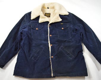 Vintage Navy Corduroy Ranch Coat Sherpa Lined Cowboy Mountain