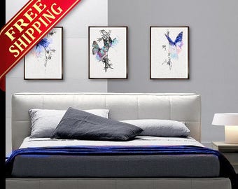 Bedroom Wall Art Painting Butterfly Art Print Decor, Set 3 Bedroom Butterfly Blue Decor Butterfly Art Print Bedroom Wall Art Painting (G4)