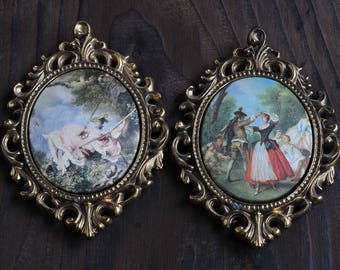 Vintage Brass Picture, Painting Prints pictures, Set of Two Victorian Style Picture, Home Decor, , Vintage Home Decor of 70s or older