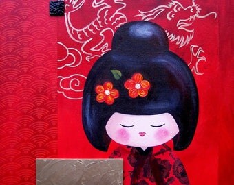 KOKESHI - Acrylic painting on canvas: "déco Yuko"