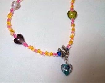 Necklace 48cm glass beads and hearts. unique creation. Gift idea. perfect girl.
