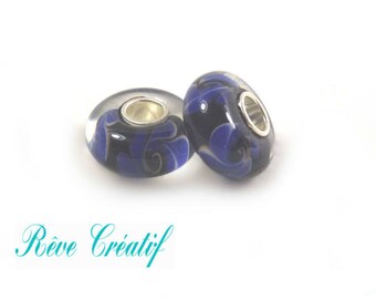 Perle Européenne en Verre Transparent Noir et Motif Fleuri Bleu 14mm Coeur en Argent non estampillé
