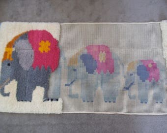 Large Vintage Readicut Latch Hook Rug - Part Worked - Canvas Only - Elephants