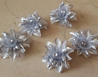 set of 6 Silver fabric 4 cm flowers appliques