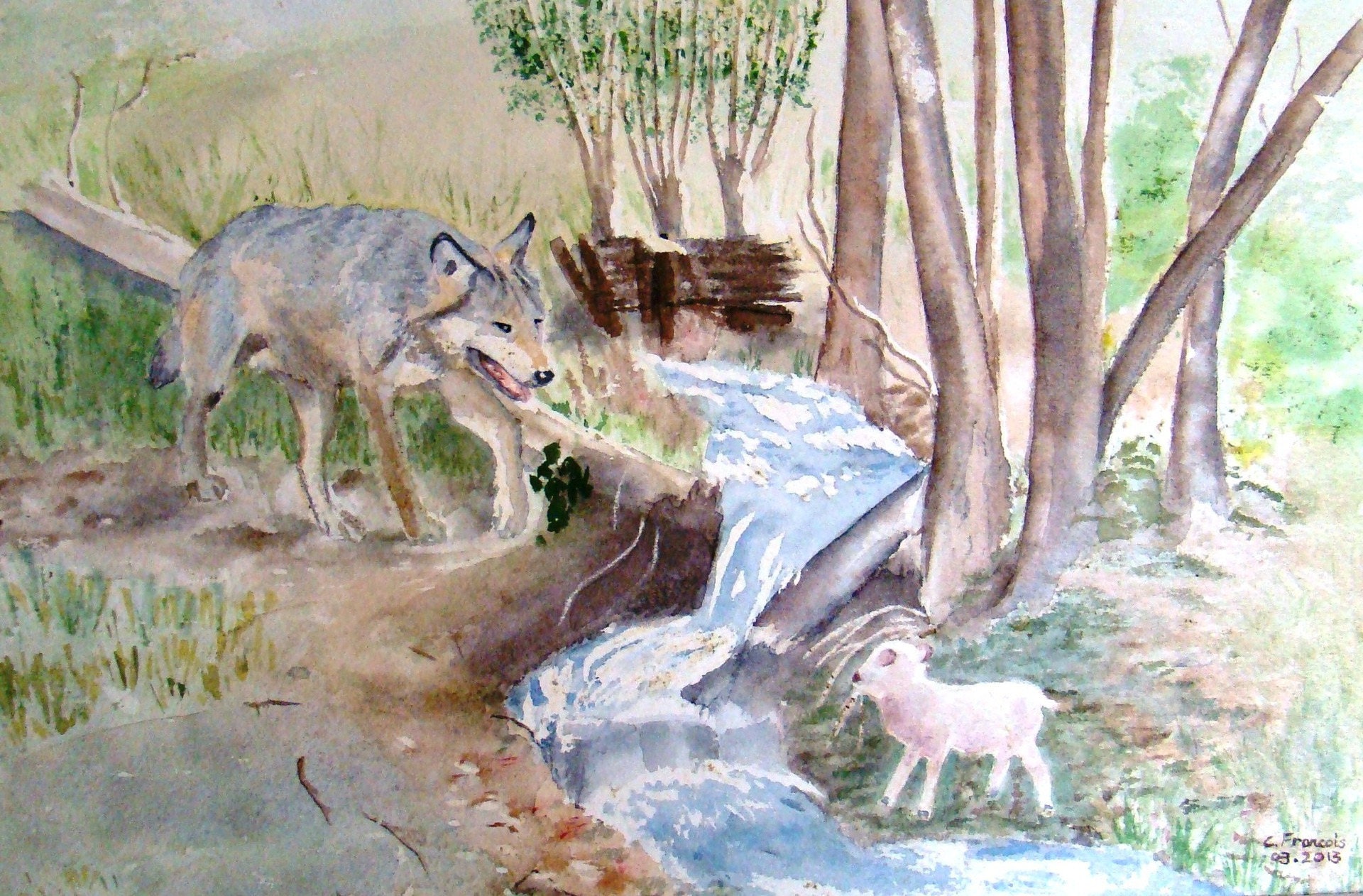 Le loup et l'agneau aquarelle multicolore illustrant la