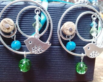 Natural, silver bird hoop earrings