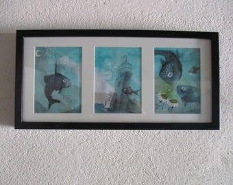 Fishy universe - fish in blue triptych - framed landscape painting