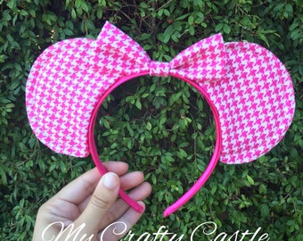 Pink Houndstooth Pattern Mouse Ears Headband with Bow