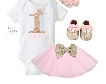 SALE One year old girl birthday outfit, first birthday girl outfit, Tutu outfit, pink and gold birthday outfit, baby girl 1st
