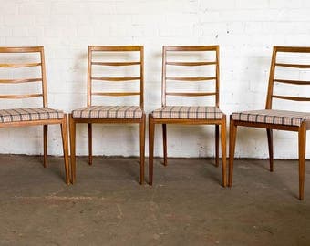 Set of 4 vintage Scandinavian design wooden dining chairs in checkered fabric