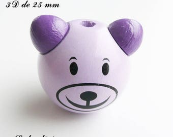 25 mm wooden bead, Pearl 3D Teddy bear head: purple