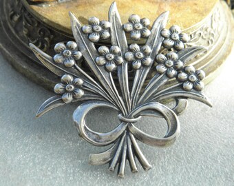 Broche Bouquet De Fleurs En Argent Massif Vermeil - Occasion En Bel état - Bijou Vintage