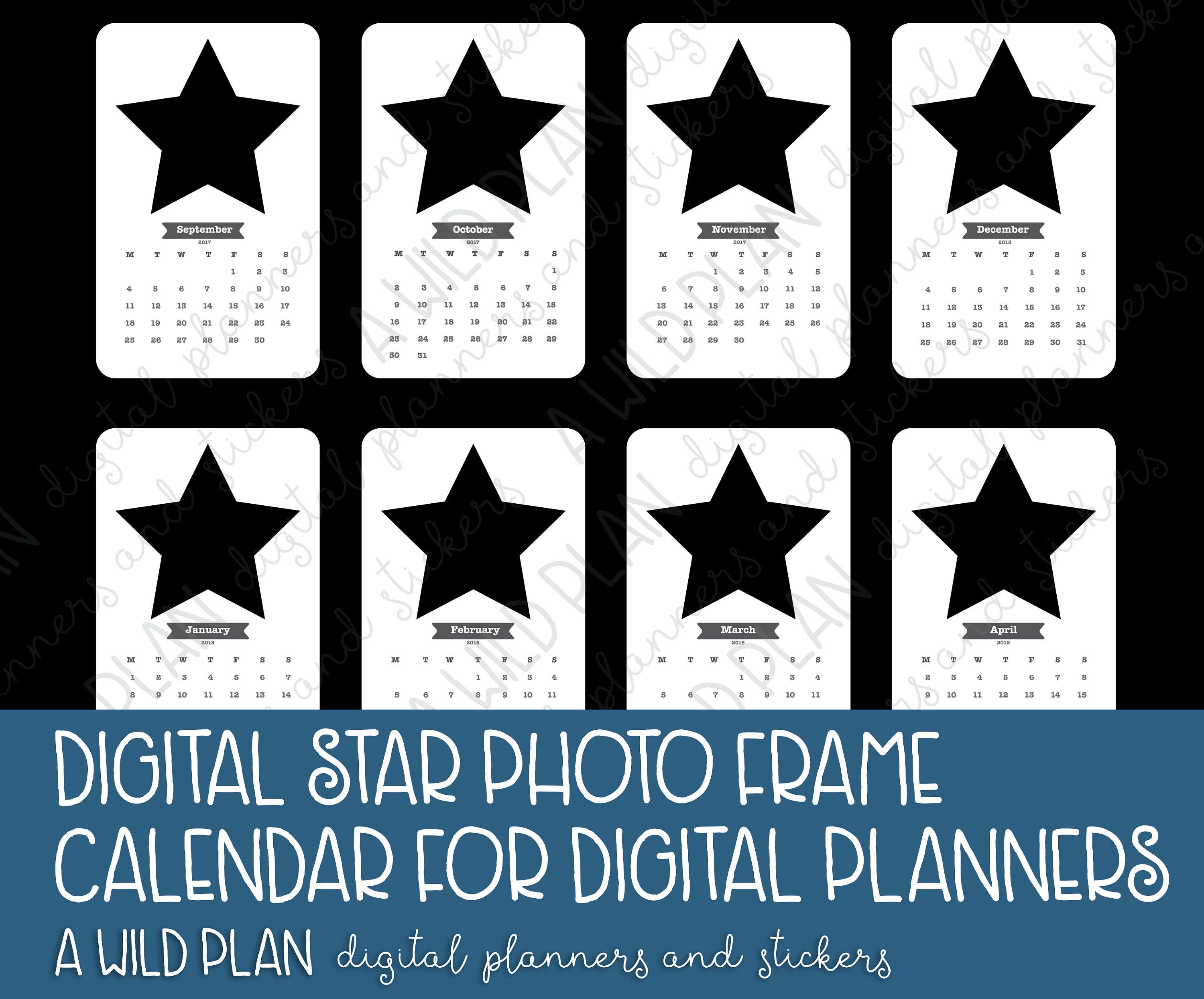 Digital sticker Star Photo Frame Calendar for GoodNotes Sept