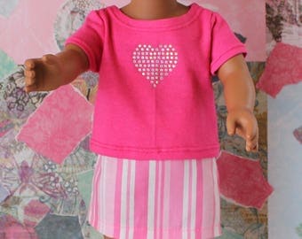18 Inch Doll Clothes, American Girl Doll Clothes, Doll Clothes, Pink T-Shirt with a Pink and White Skirt