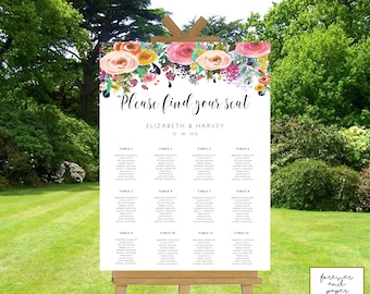 Seating Chart Poster Template, Sign, Printable, Instant Download, Editable Signs, Please Find Your Seat, Floral, Wedding, Downloadable