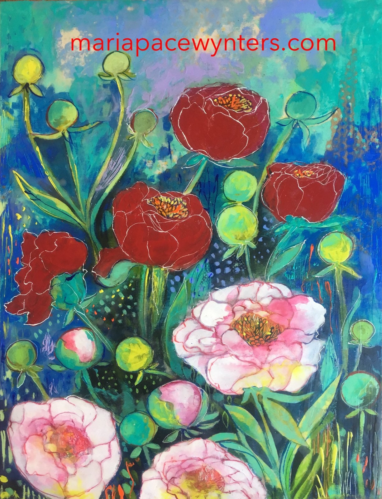 Mix Peony Garden mixed media encaustic painting by Maria