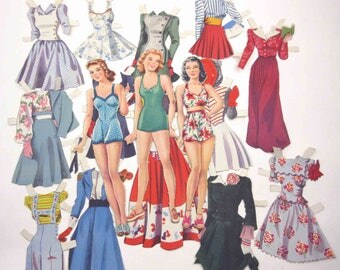 Vintage 1940s or 1950s Paper Dolls Girls Ladies and 13 Outfits