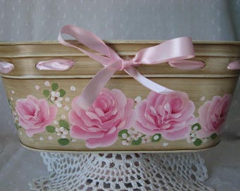 Oval Metal Tub Hand Painted Pink Roses Ribbon Storage Container Planter